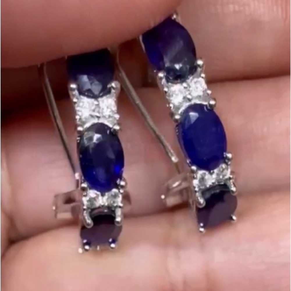 Sapphire and CZ set in Silver beautiful  pierced earrings